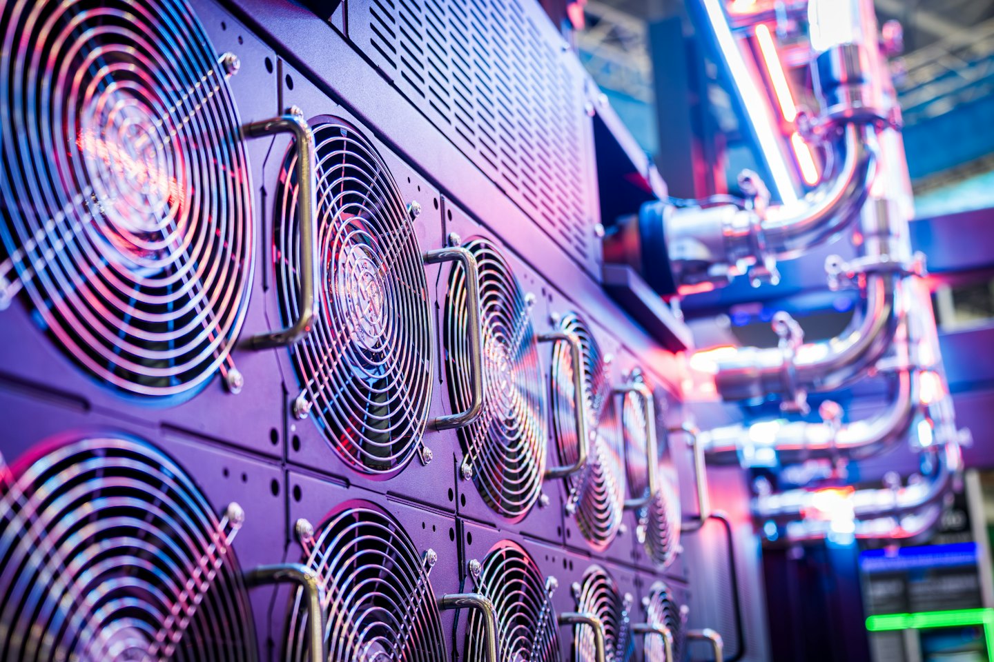 Rows of server cooling fans and hardware in a data center.