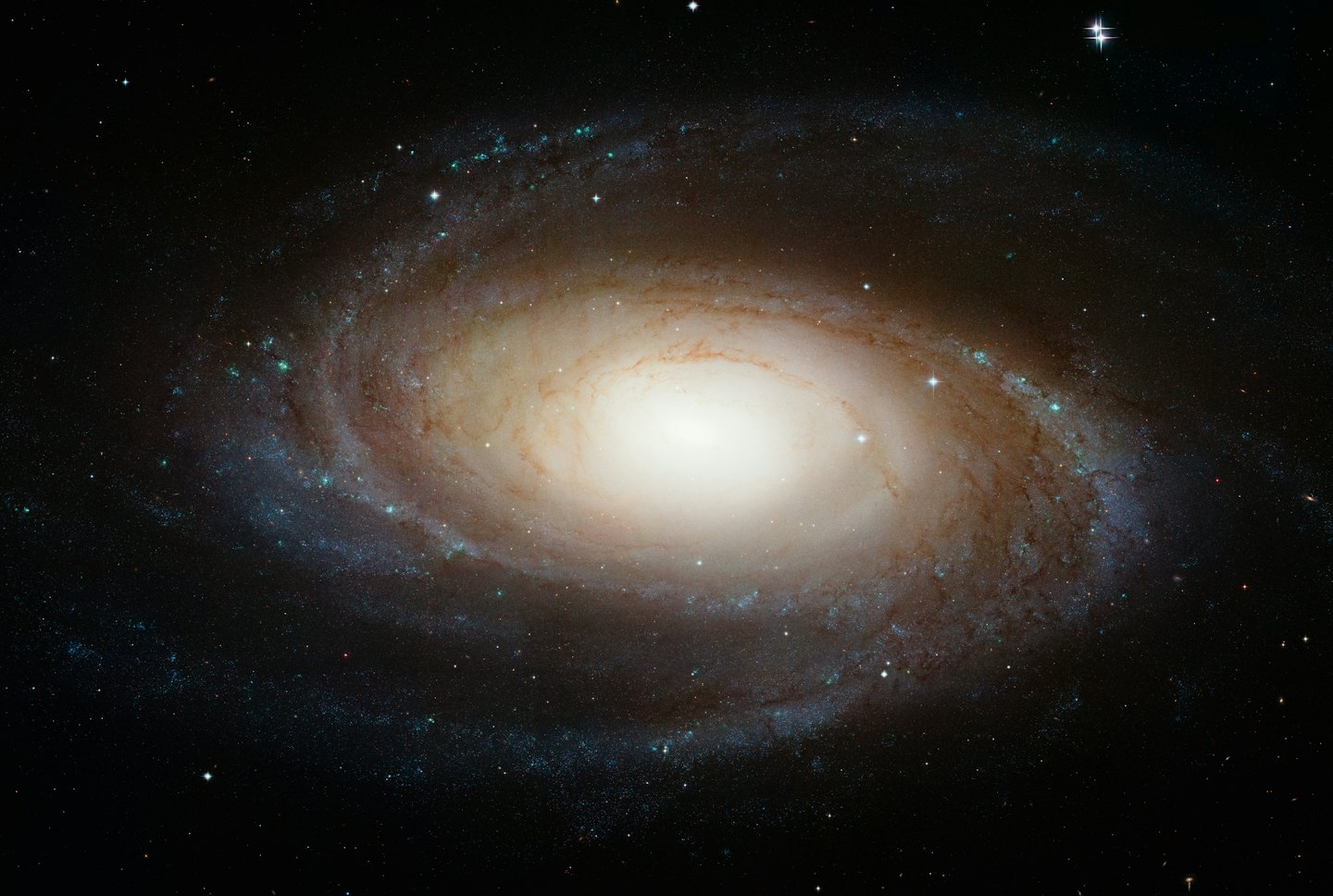 A large spiral galaxy glows against a dark starry sky.